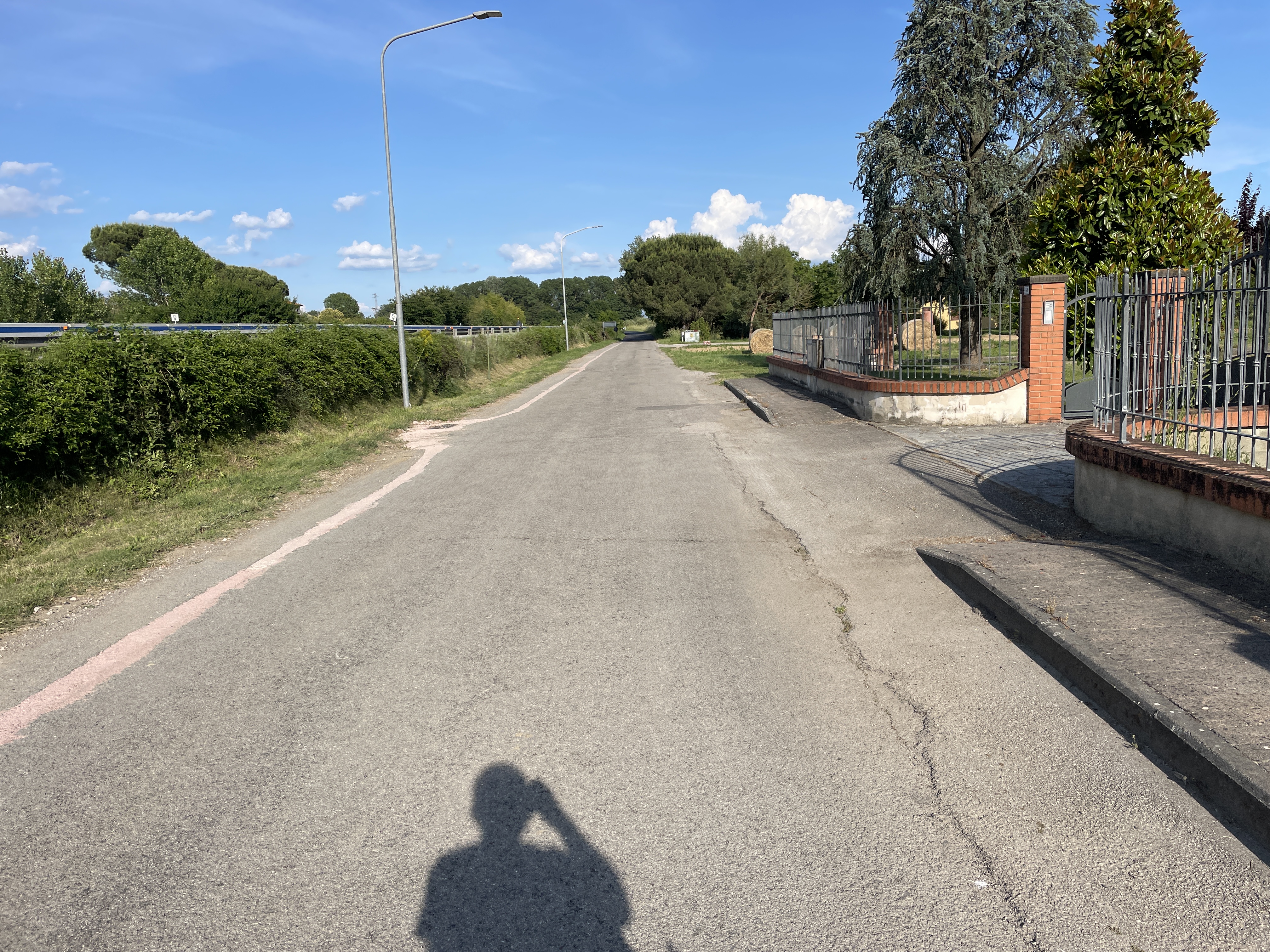 Cycle path on paved road. Iron fence around a field with hay bales and trees on right. Hedge on left.